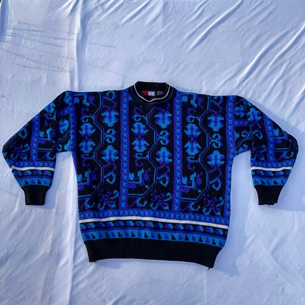 Vintage Todays News Mens Large Geometric Coogie Style Pullover Sweater Blue